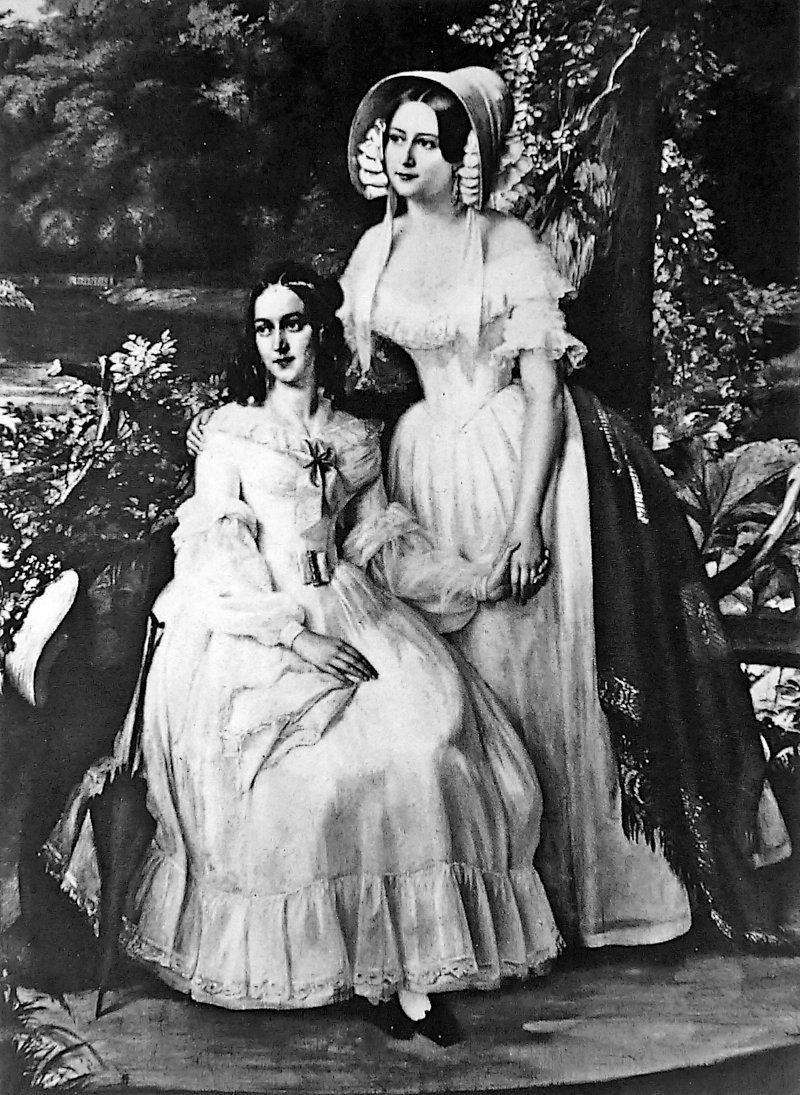 Pauline und Eveline Schoppe mit Biedermeierfrisur und Schuten. Gemälde Julius Schoppe, 1838.